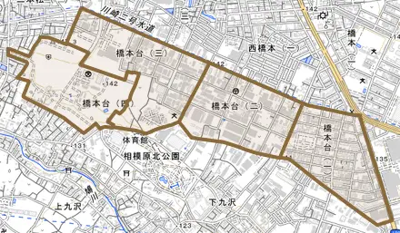 橋本台とその周辺の地図。町の範囲を重ねている