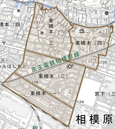 東橋本とその周辺の地図。町の範囲を重ねている