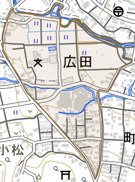 広田とその周辺の地図。町の範囲を重ねている