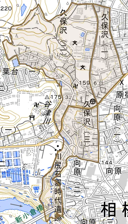 久保沢とその周辺の地図。町の範囲を重ねている