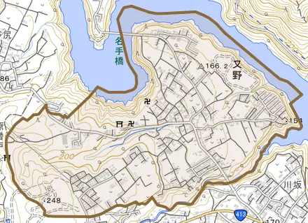 又野とその周辺の地図。町の範囲を重ねている