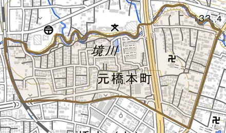 元橋本町とその周辺の地図。町の範囲を重ねている