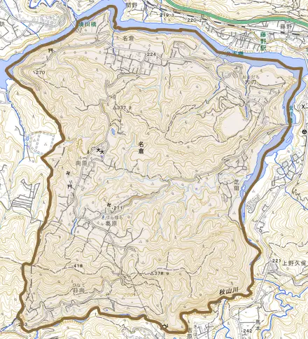 名倉とその周辺の地図。町の範囲を重ねている