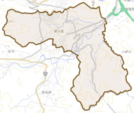 根小屋とその周辺の地図。町の範囲を重ねている