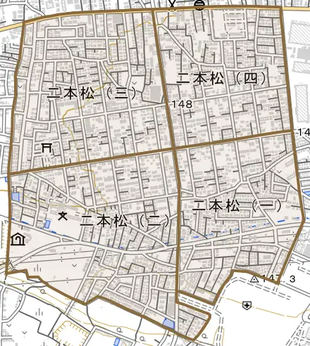 二本松とその周辺の地図。町の範囲を重ねている