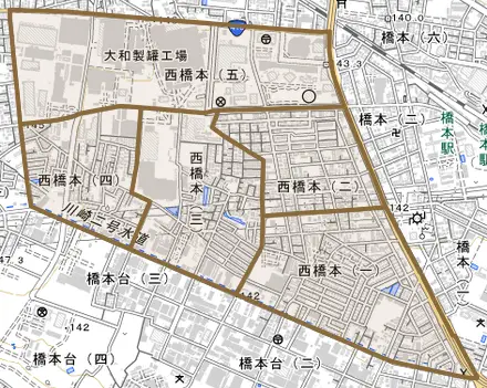 西橋本とその周辺の地図。町の範囲を重ねている