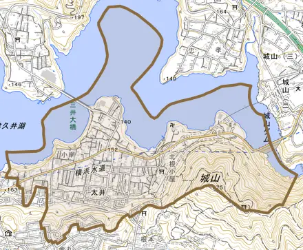 太井とその周辺の地図。町の範囲を重ねている