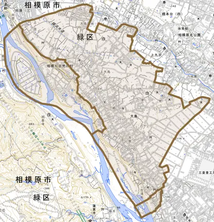 大島とその周辺の地図。町の範囲を重ねている