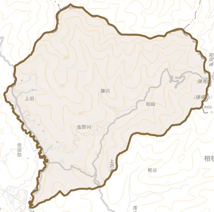 佐野川とその周辺の地図。町の範囲を重ねている