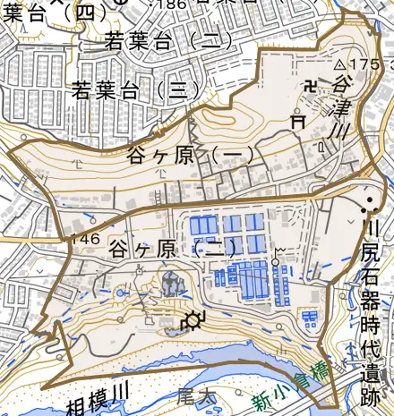 谷ヶ原とその周辺の地図。町の範囲を重ねている