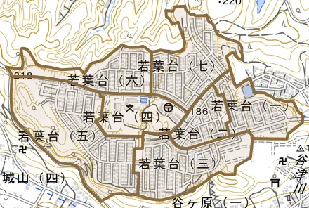 若葉台とその周辺の地図。町の範囲を重ねている