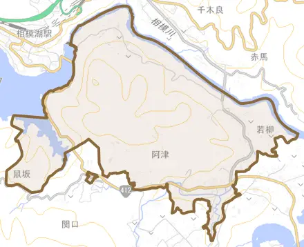 若柳とその周辺の地図。町の範囲を重ねている