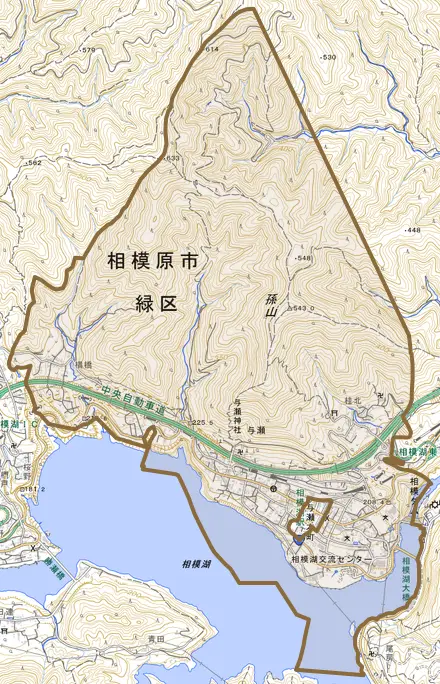 与瀬とその周辺の地図。町の範囲を重ねている