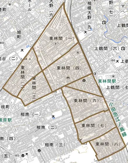 東林間とその周辺の地図。町の範囲を重ねている