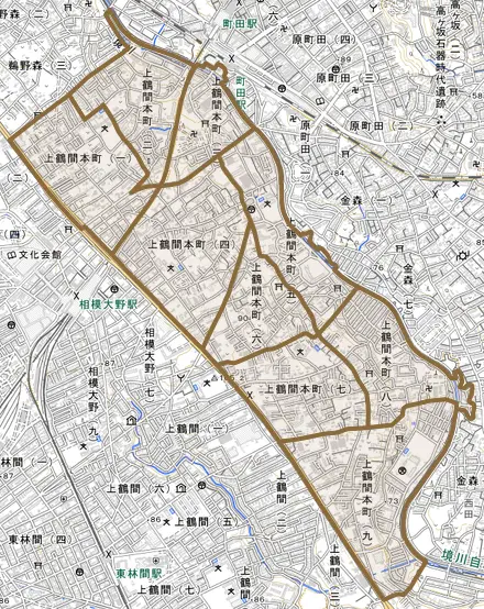 上鶴間本町とその周辺の地図。町の範囲を重ねている