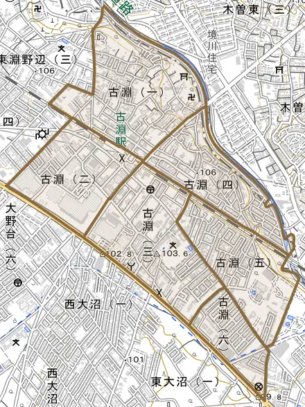 古淵とその周辺の地図。町の範囲を重ねている