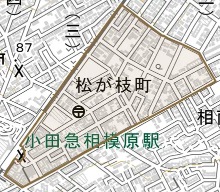松が枝町とその周辺の地図。町の範囲を重ねている