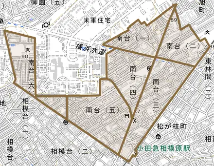 南台とその周辺の地図。町の範囲を重ねている