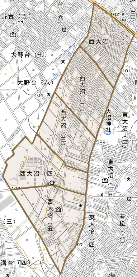 西大沼とその周辺の地図。町の範囲を重ねている