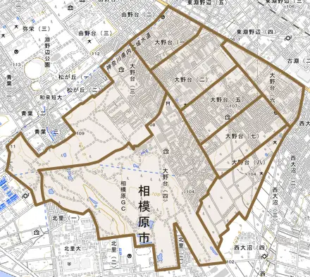 大野台とその周辺の地図。町の範囲を重ねている