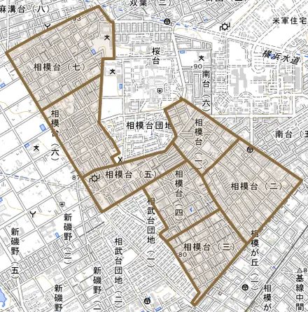相模台とその周辺の地図。町の範囲を重ねている
