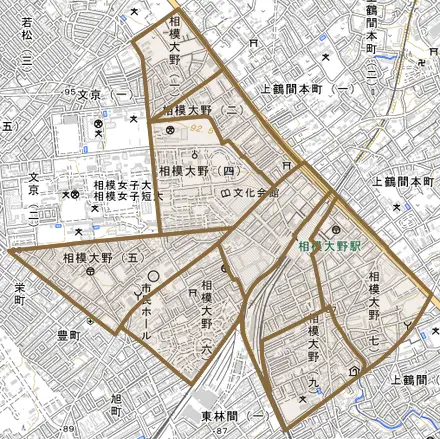 相模大野とその周辺の地図。町の範囲を重ねている
