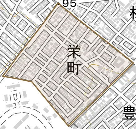 栄町とその周辺の地図。町の範囲を重ねている