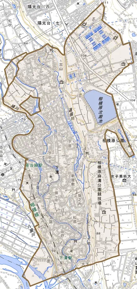 下溝とその周辺の地図。町の範囲を重ねている