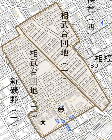 相武台団地とその周辺の地図。町の範囲を重ねている
