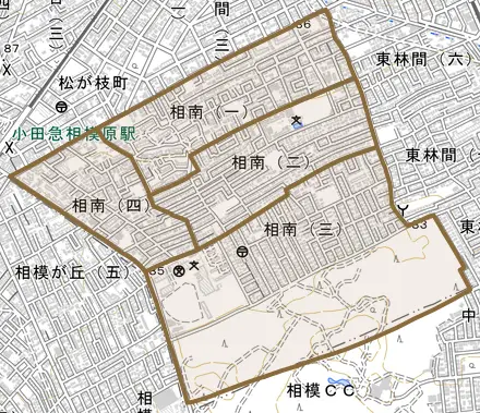 相南とその周辺の地図。町の範囲を重ねている