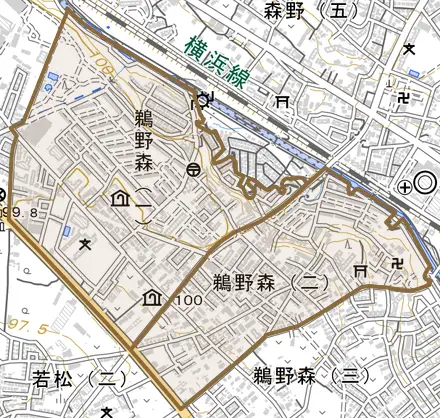 鵜野森とその周辺の地図。町の範囲を重ねている