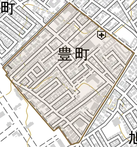 豊町とその周辺の地図。町の範囲を重ねている