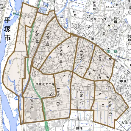 一之宮とその周辺の地図。町の範囲を重ねている