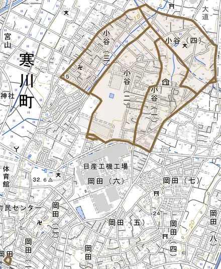 小谷とその周辺の地図。町の範囲を重ねている