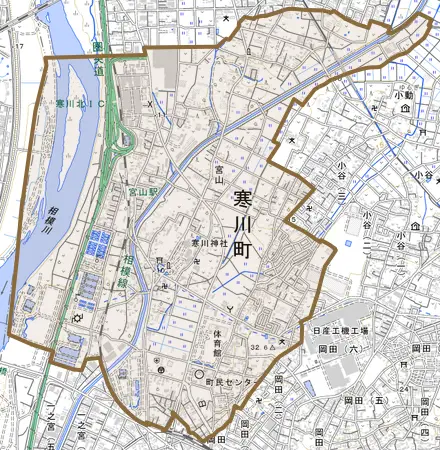 宮山とその周辺の地図。町の範囲を重ねている