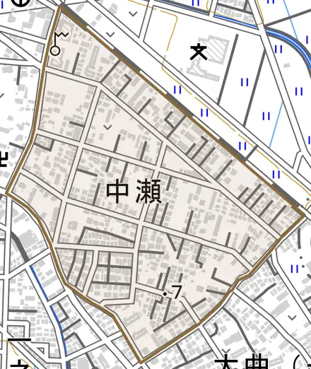 中瀬とその周辺の地図。町の範囲を重ねている