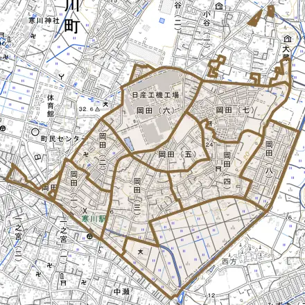 岡田とその周辺の地図。町の範囲を重ねている
