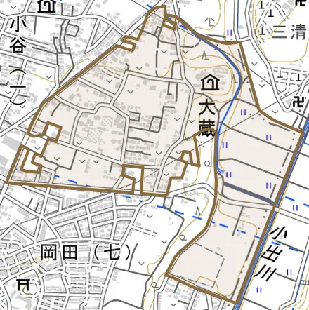 大蔵とその周辺の地図。町の範囲を重ねている