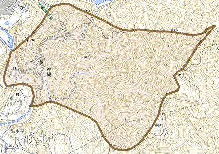 神縄とその周辺の地図。町の範囲を重ねている