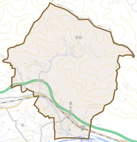 向原とその周辺の地図。町の範囲を重ねている