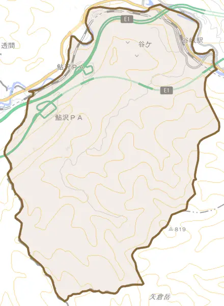 谷ケとその周辺の地図。町の範囲を重ねている