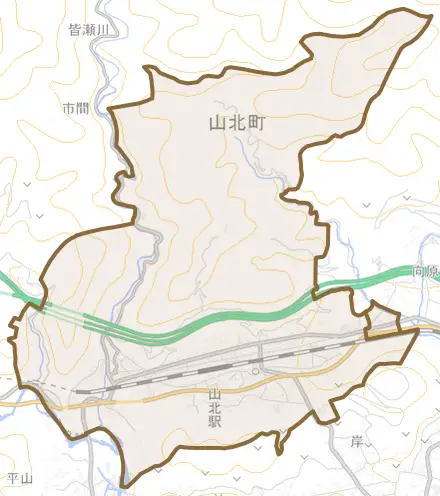 山北とその周辺の地図。町の範囲を重ねている