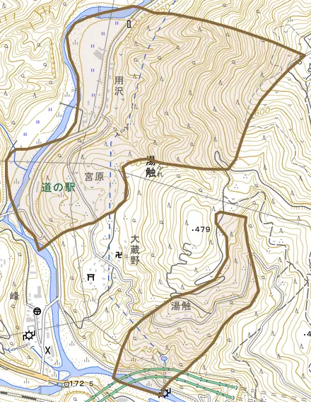 湯触とその周辺の地図。町の範囲を重ねている
