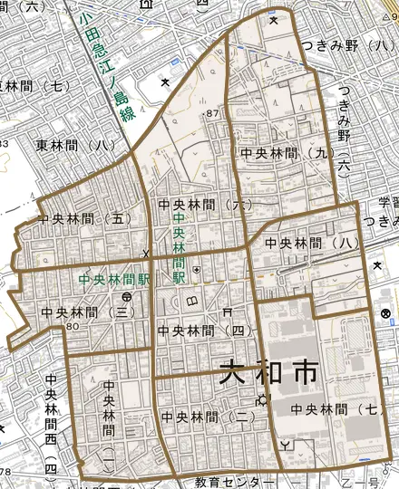 中央林間とその周辺の地図。町の範囲を重ねている