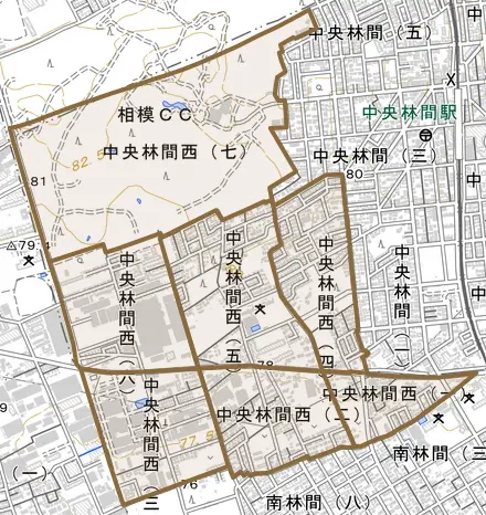 中央林間西とその周辺の地図。町の範囲を重ねている