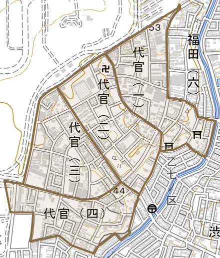 代官とその周辺の地図。町の範囲を重ねている
