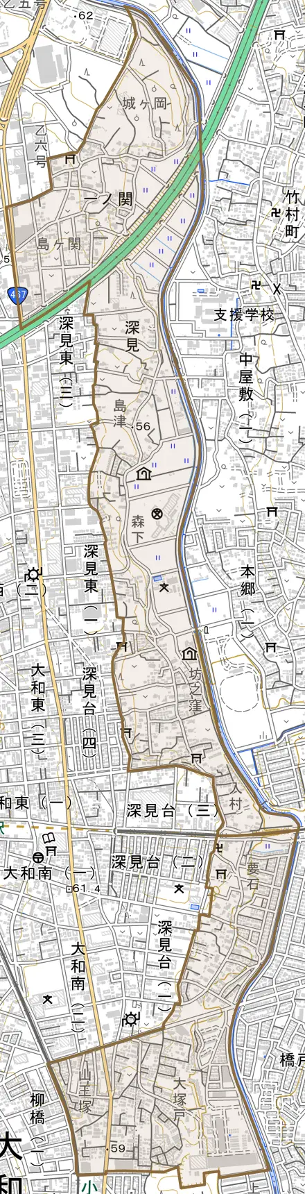 深見とその周辺の地図。町の範囲を重ねている