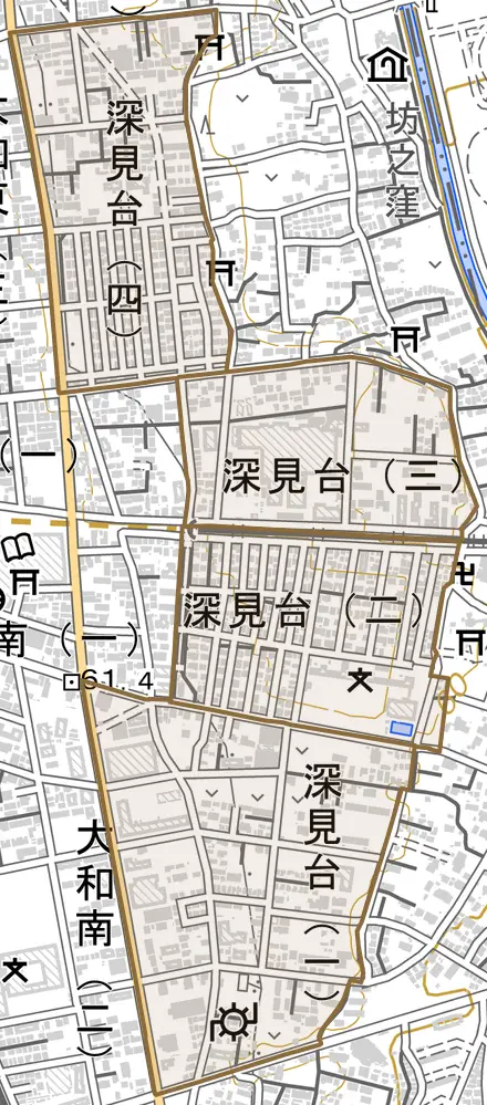 深見台とその周辺の地図。町の範囲を重ねている
