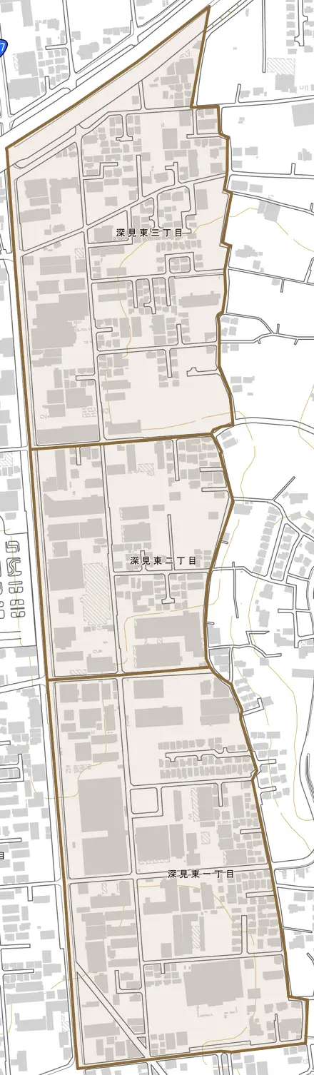 深見東とその周辺の地図。町の範囲を重ねている