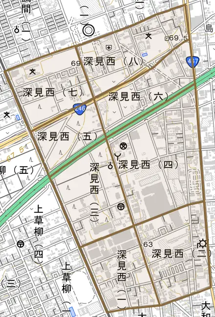 深見西とその周辺の地図。町の範囲を重ねている
